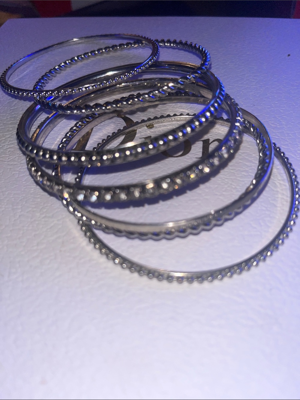 Silver Beaded and Rhinestone Stackable Bangle Bracelet 7 Set - Women Jewelry